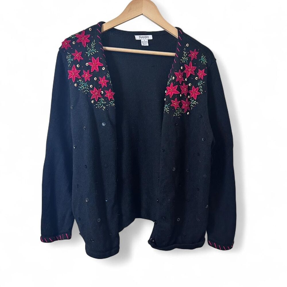 Vintage Christmas Cardigan , Embroidered Poinsettia  with Beads and Sequins